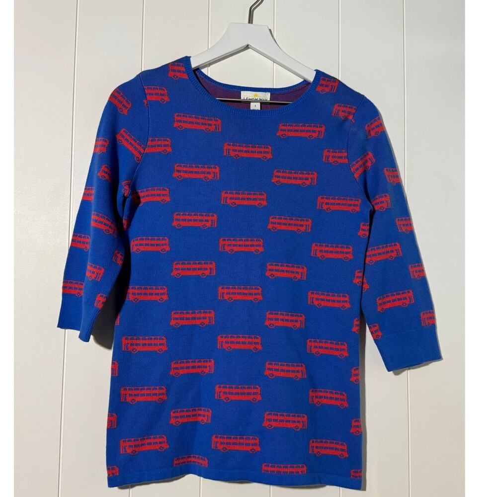 Lemon Way Sweater Womens S Blue Red London Bus 3/4 Sleeve Novelty Knit Top